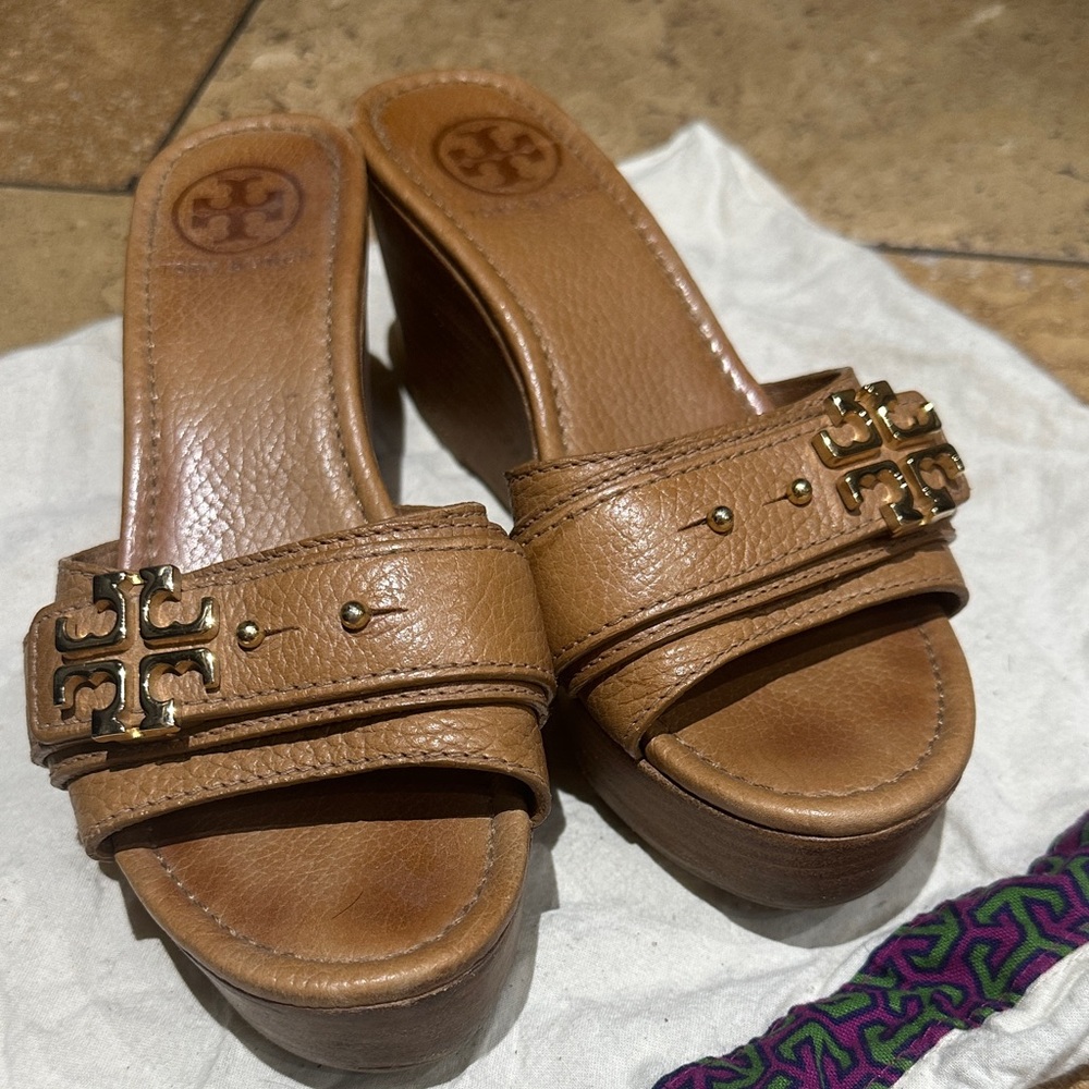Tory Burch Brown Leather Mules with Gold Accents